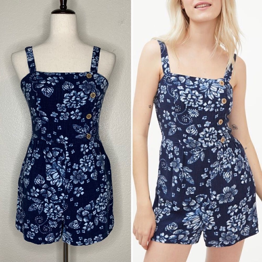 Aeropostale Linen Blend Floral Swirls Asymmetrical Button Romper, Sz Medium